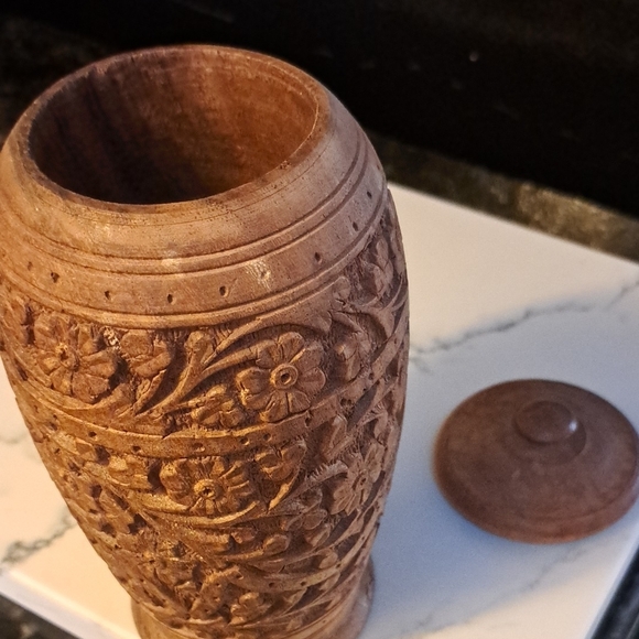 Handcrafted Wooden Floral Carved Jar - Picture 3 of 3